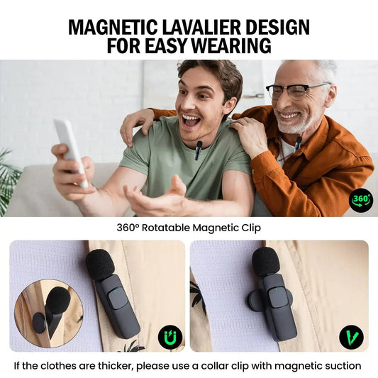 Two Wireless Lavalier Microphones – Mini Audio Recording Mic for iPhone & Android