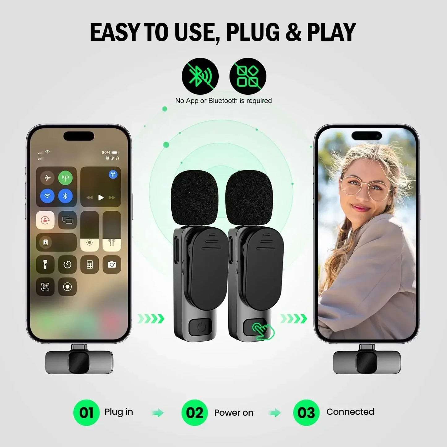 Two Wireless Lavalier Microphones – Mini Audio Recording Mic for iPhone & Android